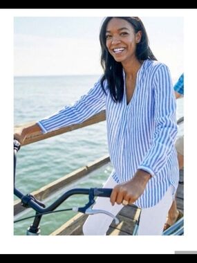L.L. Bean Blue & White Striped V-Neck 100% LinenTunic